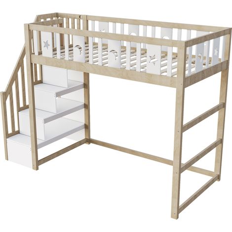 Kinder-Hochbett 90 x 200 cm mit Stauraumtreppe und Stern-Mond-Geländer HOMVRA (1/5)
