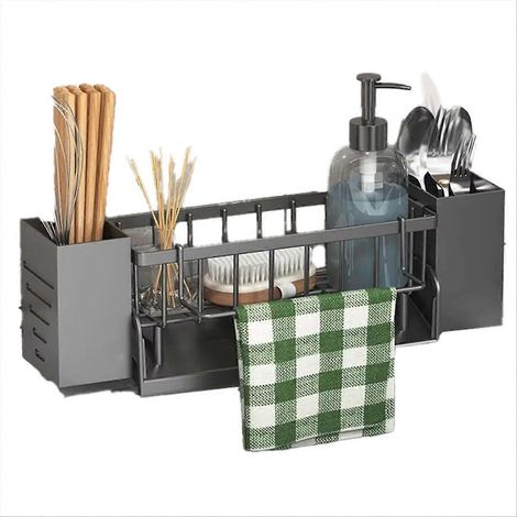 Étagère de rangement pour évier de cuisine - Étagère en plastique auto-drainante pour savon, éponge, torchon, serviette, avec panier filtre B (1/5)