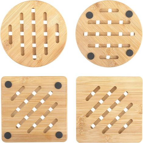 Set mit 4 hitzebeständigen Bambus-Untersetzern, umweltfreundlich und rutschfest, 2 runde und 2 quadratische, ideal für Teekannen, Schüsseln und heißes Geschirr, perfekter Tischschutz