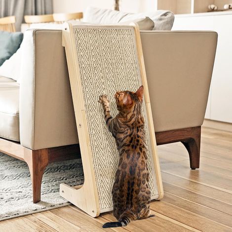 1 griffoir pour chat en sisal, forme l, angle 20°, structure bois stable, protection meubles, intérieur (1/5)