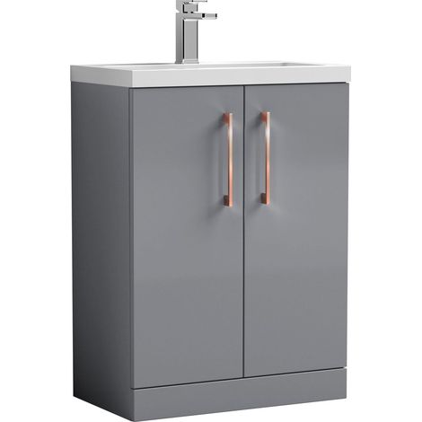 Balterley Bramshall Compact Bathroom Cloakroom Vanity Basin Unit with Ceramic Basin, Copper Handles, 600mm, Satin Grey