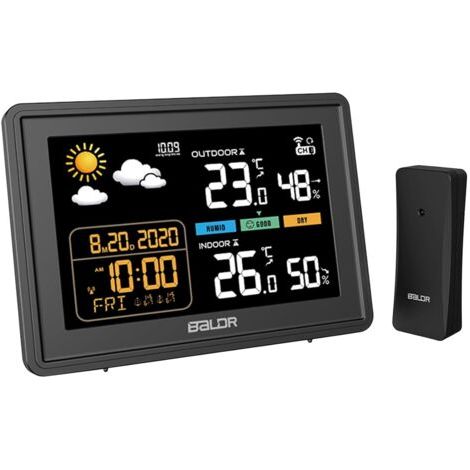 Station météo sans Fil, Thermomètre Hygromètre Baromètre Intérieure Extérieure avec Capteur LED RCC/DCF Ecran Rétro-éclairage Horloge Numérique Alarme Noir (1/5)