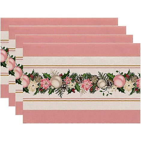 Lot de 4 sets de table de Noël roses enneigés, motif sapins de Noël, pour la décoration de la cuisine et de la salle à manger. (1/5)