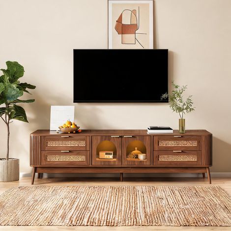 Meuble TV 180 cm noyer classique avec LED et rangements walnut (1/5)