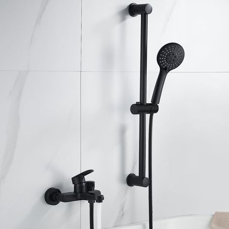 Mitigeur Baignoire Noir avec Douchette Robinet Baignoire Mitigeur Douche Ensemble avec Flexible, Support, Barre Coulissante, Douchette 5 Modes, Monocommande Montage Mural (1/5)