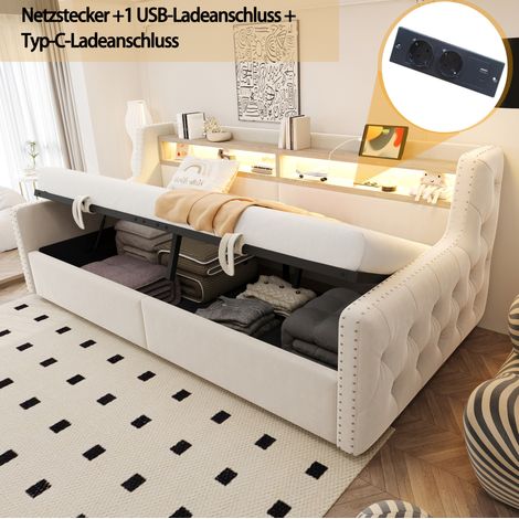 MODFU – Cama tipo banco 90x200 cm de pana, metal y MDF con almacenamiento hidráulico, LED, USB y Type-C, somier 12 lamas y carga 300 kg – Beige (1/5)