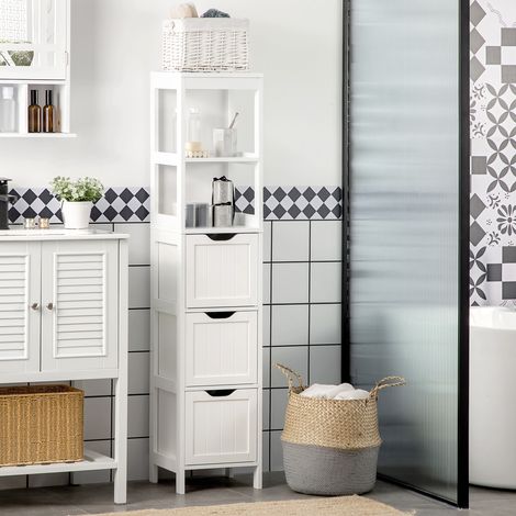 Armario Alto de Baño Estrecho con 3 Cajones y 2 Estantes Abiertos Estilo Moderno 30x30x141,6 cm Blanco (1/5)