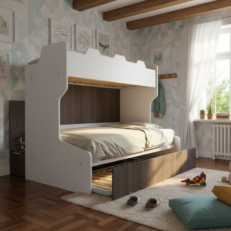Letto a castello salvaspazio con scala contenitore - 1 Piazza e mezza + singolo - Bianco e Olmo (1/5)