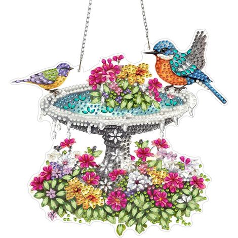 Pendentif peinture diamant 5D avec oiseaux et fleurs, décoration de fenêtre kit de bricolage