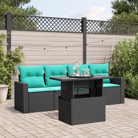 5-teiliges Gartensofa-Set mit Kissen, schwarzes Polyrattan (1/5)