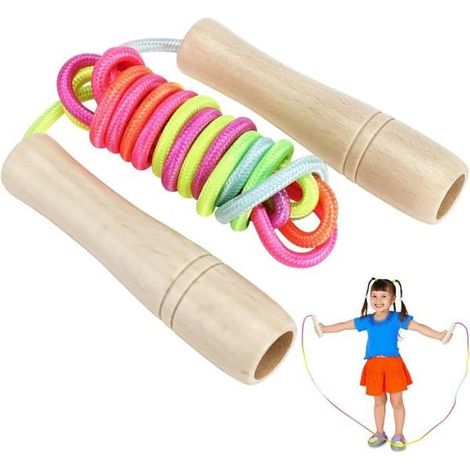 SABIR-Corde à sauter pour enfants, corde à sauter arc-en-ciel, poignée en bois réglable de 250 cm et corde en coton antidérapante (1/4)