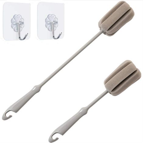 Kit de nettoyage de bouteilles avec brosse, 2 paquets (1 brosse de nettoyage longue et 1 brosse de nettoyage courte), et une éponge pour verre à vin.