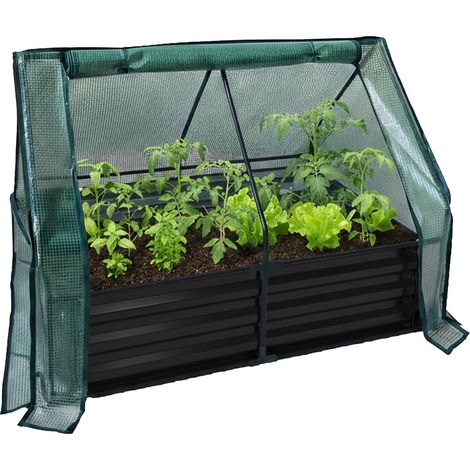 Jardinière surélevée avec Serre, métal galvanisé, 92 x 125 x 95 cm, Noir, pour Fleurs, Plantes et légumes (1/5)