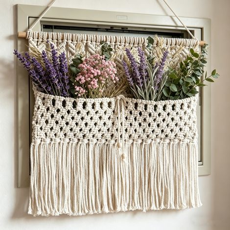 Tenture murale macramé faite main avec poche de rangement, décoration bohème nordique à franges pour salon chambre (1/5)