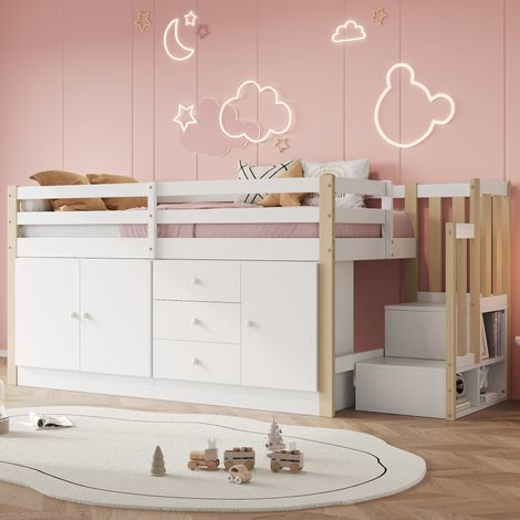 Letto a soppalco per bambini 90 x 200 cm con scala, cassetti, 2 vani e barra, bianco DESVIAE (1/5)