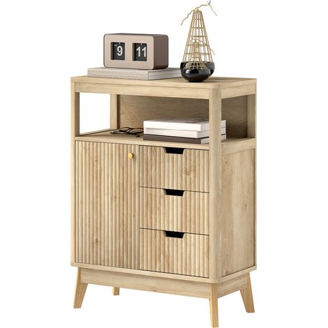 Buffet salon meuble de rangement avec placard à portes, étagère réglable et étagère ouvert, 60x30x81cm, bois naturel (1/5)