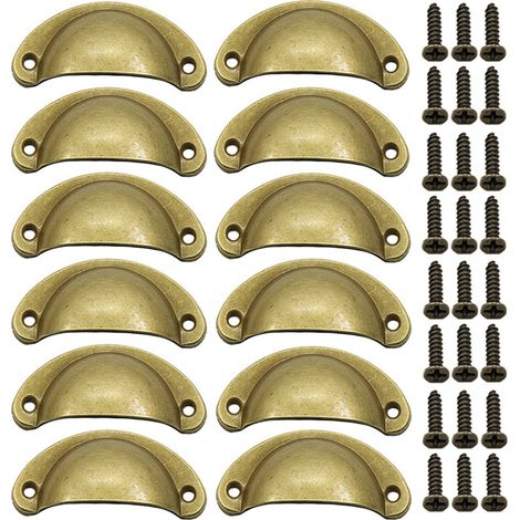 Lot de 12 poignées, rétro coquillage, fer laiton brossé, 8cm x 3,5cm, cuisine armoire tiroir (1/5)