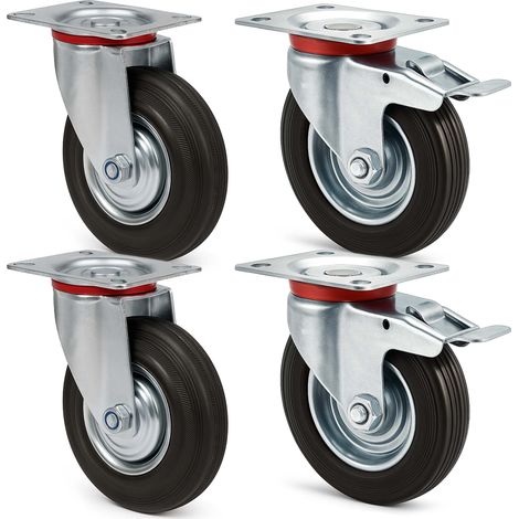 Wiltec Transportrollen Set 125mm 2x Doppelstopp-Lenkrolle und 2x Lenkrolle mit Vollgummirad, 100kg pro Rad