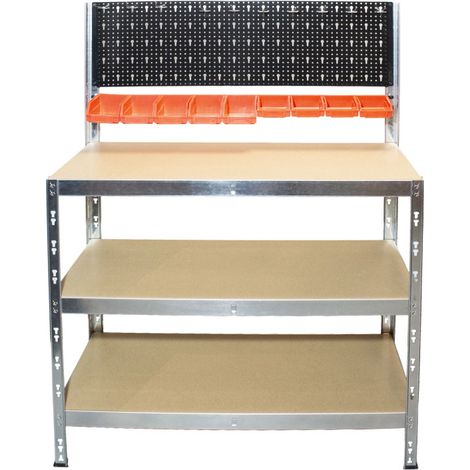 Établi Atelier en Acier avec 2 tablettes et Panneau Perforé