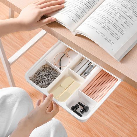Tiroir Sous Bureau - Organisateur Adhésif pour Crayons et Petits Objets - En Plastique PP Blanc - Pour Bureau Maison ou Bureau - 1 Pièce (1/5)