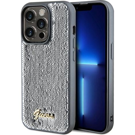 Guess GUHCP14LPSFDGSS iPhone 14 Pro 6.1" custodia rigida argento/argento con scritta in paillettes e metallo (1/5)