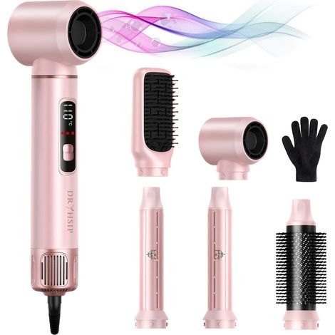 Brosse Soufflante 5 en 1 LCD, Lisseur Boucleur Multifonction, Séchage, Lissage, Volume et Coiffage, Léger et Compact pour Voyage - Pink (1/5)