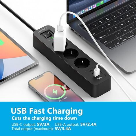 Multiprise Parafoudre et Surtension avec 3 Sortie AC et 4 Ports USB(2 Typ C), Adaptateur Secteur 3680W avec Interrupteur et Rallonge Electrique 2M, Mult Prise USB C pour Bureau et Maison-Noir (1/3)