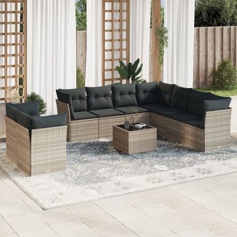 Canapé d'extérieur en résine tressée gris clair avec 14 coussins Ensemble salon modulaire 9 places avec table en verre, rangement intégré Facile à nettoyer (1/3)