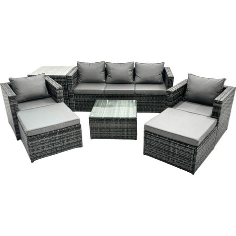 Fimous Outdoor Rattan Garden Furniture Set 7 Seater Patio Lounge Sofa Set with Armchair Square Coffee Table Side Table 2 Big Footstool Dark Grey Mixed (1/5)