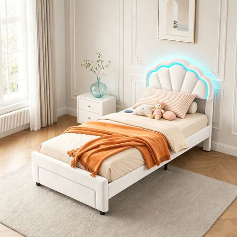 Letto per bambini 90x200, letto singolo 90x200 con rete, LED regolabili e cassetto, testiera a forma di fiore, velluto, bianco (1/5)
