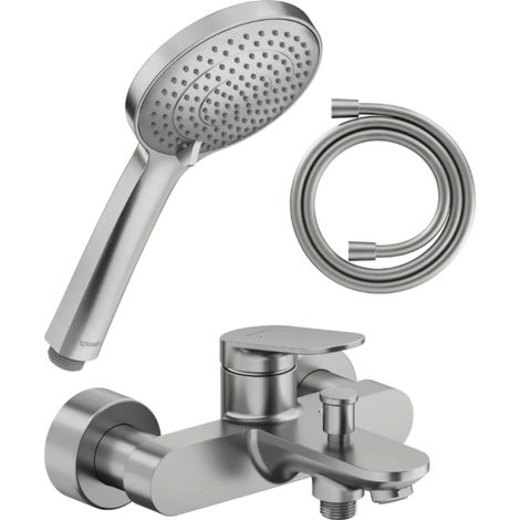 Conjunto de mezclador mécanico para bañera/ducha DURAVIT Wave + cabezal de ducha universal 3 chorros + manguera de 160 cm en acero inoxidable cepillado (1/4)