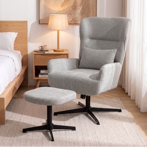 MODFU – Poltrona lounge girevole 360° in ciniglia con altezza regolabile 43-49 cm, poggiapiedi, cuscino lombare e schiuma 24D – Grigio (1/5)
