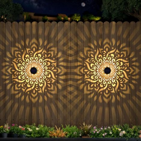 Set of 2 large metal solar fence lights, solar lighting for outdoor walls, decks, steps, mandala pattern, waterproof fence lights for garden posts, patios, backyards (1/5)