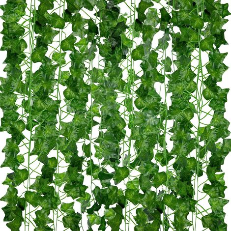 Guirnaldas de hiedra artificial (paquete de 12, 210 cm de largo), enredaderas colgantes realistas para decoración de interiores y exteriores, plantas artificiales de plástico verde. (1/5)