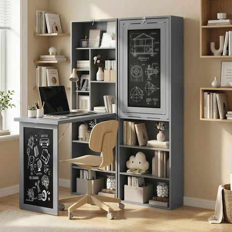 Bureau avec rangement pliable murale rabattable avec bibliothèque poste de travail tableau à craie et étagère réglable (1/5)