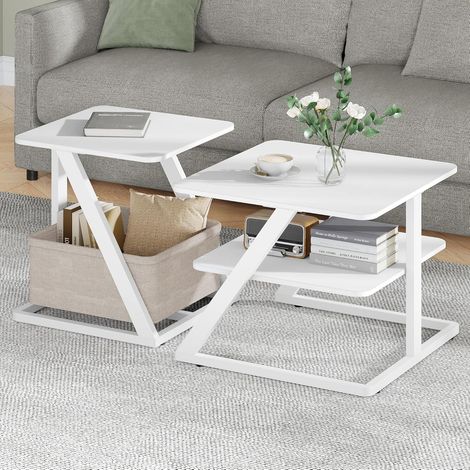 Table Basse Gigogne Lot de 2, Table d'Appoint Salon avec 1 Panier en Tissu, Table Basse avec Espace de Rangement, Idéale pour Le Salon, la Chambre ou Le Balcon, Blanc