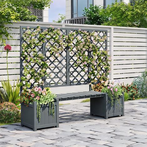 Grand bac à fleurs en bois massif avec treillis et banc intégré (1/5)