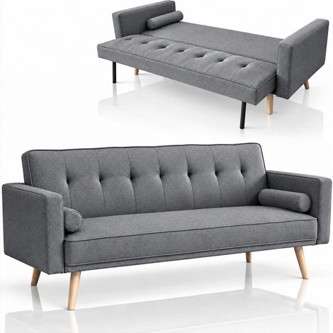 Divano Letto 3 Posti Ergonomico Grigio Scuro con Struttura e Piedini in Legno (1/5)