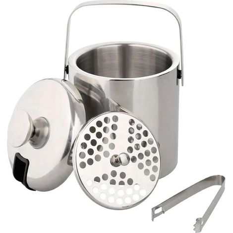 Bac à glaçons double compartiment de 1,3 L, seau à glace en acier inoxydable avec pince et couvercle-AquaForge (1/5)