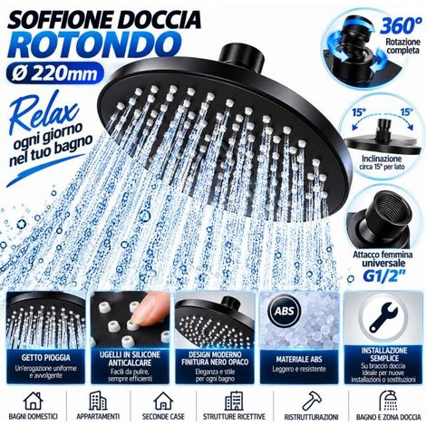 Soffione Doccia Rotondo ad Alta Pressione Ø220mm Nero Opaco in ABS Pioggia G1/2" (1/5)