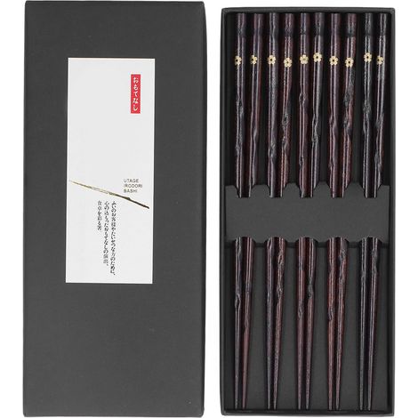 5 paires de baguettes en bois style japonais, doré imprimé fleurs, réutilisables, traditionnelles et élégantes, cadeau pour famille et amis (1/5)