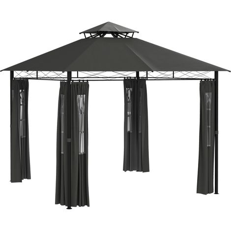 Pavillon de jardin 3 x 3 m avec parois latérales et double toit, chapiteau métallique résistant aux intempéries gris foncé pour fêtes de jardin (1/5)