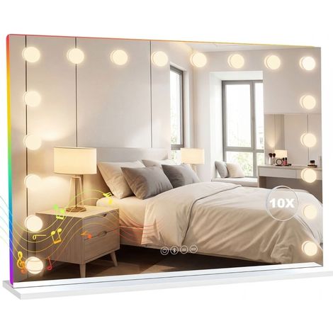 Espejo de maquillaje Hollywood con 18 lámparas LED regulables, 3 tonos de luz + iluminación RGB, altavoz Bluetooth, aumento ×10, blanco (1/5)