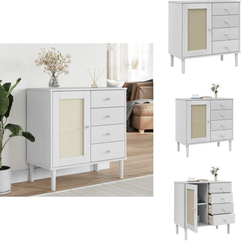Buffet SENJA aspect rotin blanc 80x40x80 cm bois massif de pin - Buffet - Meuble De Rangement - Commode - Mobilier - Design Moderne (1/5)
