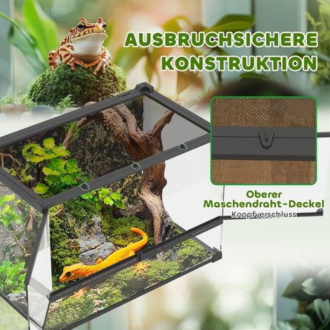 Terrarium en verre 48L pour reptiles, ventilation frontale, paroi rocheuse, fermeture pivotante, 50 x 30 x 35 cm, noir (1/5)