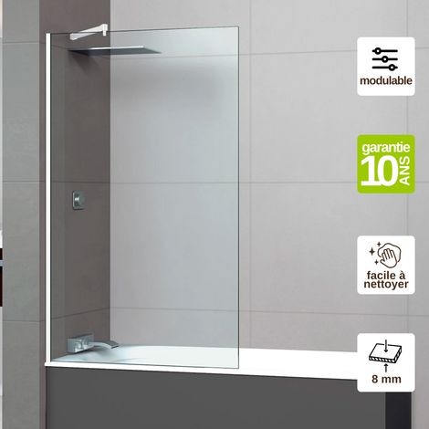 Pare-baignoire Fixe en Verre Trempé 8 mm Transparent Anti-calcaire - L100H147 cm - profilé blanc brillant- Mont Blanc CC SUPERBAN (1/4)