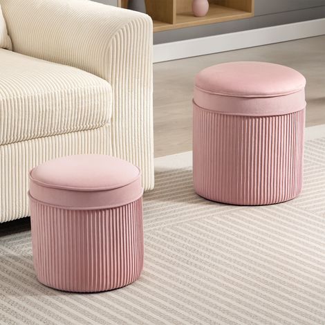 Set aus 2 runden, stapelbaren Fußhockern, großer Aufbewahrungshocker (34,8 l), gepolsterte runde Hocker mit Samtbezug, für Wohn- und Schlafzimmer, Rosa
