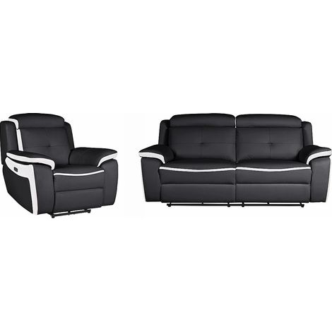 Divano 3 posti e Poltrona relax elettrico in pelle Nero e bianco - ANGELIQUE (1/5)