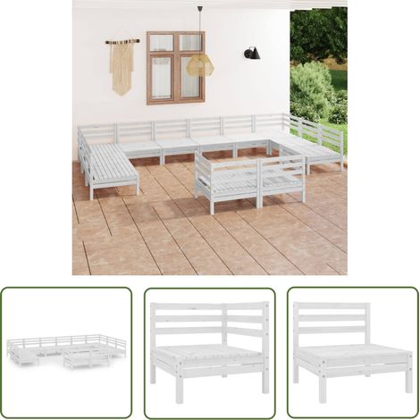 The Living Store Salon de jardin 12 pcs Blanc Bois de pin massif - Salon De Jardin - Mobilier De Jardin - Ensemble De Salon - Meubles De Jardin En Bois - Set De Chaises Longues (1/5)
