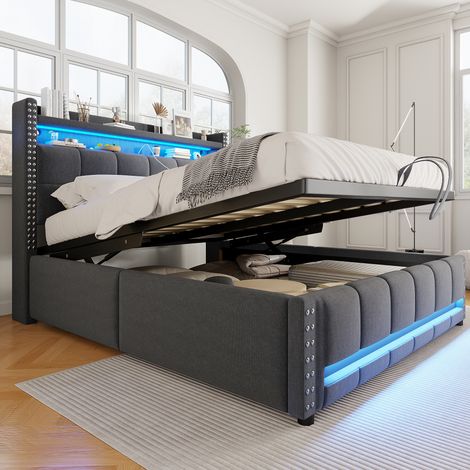 Lit rembourré 140×200 cm gris lin,LED,USB,tête étagères rangement,hydraulique,lit double adulte fonctionnel